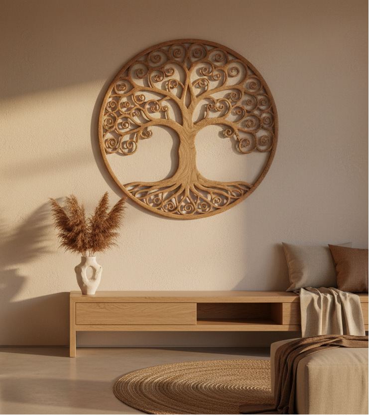 A bohemian-style carved wooden tree of life wall sculpture in a warm natural finish, mounted on a beige wall above a wooden console table with a vase of dried grass.