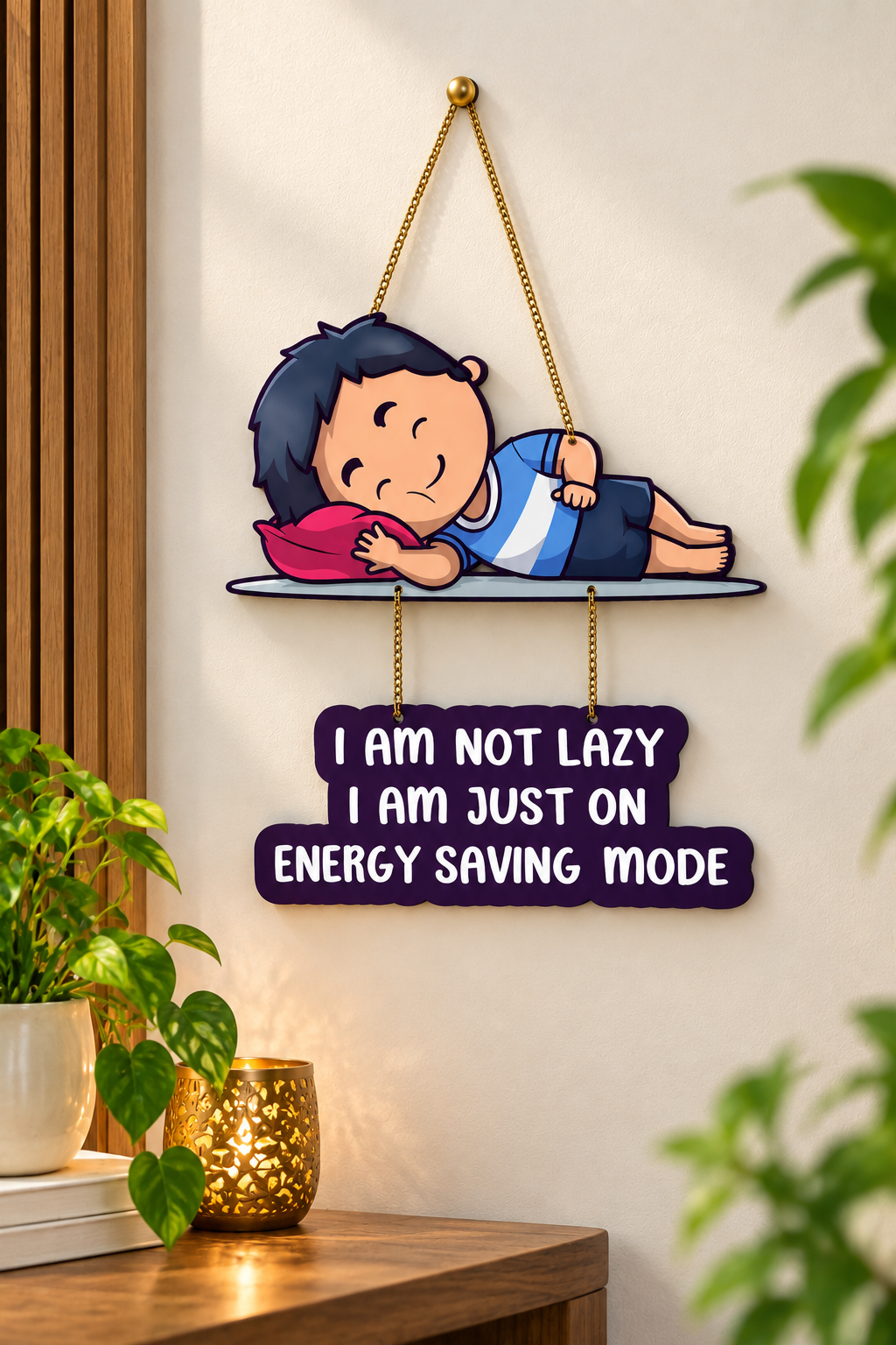 Funny Sleeping Boy Wall Hanging | Energy Saving Mode Wooden Decor