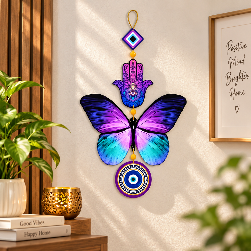 Butterfly Hamsa Evil Eye Wall Hanging | Colorful Boho Home Decor